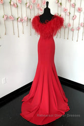 Red Semi Formal Prom Dresses Mermaid V Neck Long Party Evening Dresses with Feathers